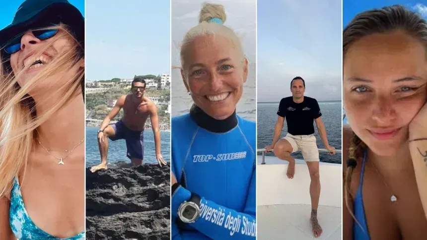 Da esquerda para a direita Muriel Oddenino, Federico Gualtieri, Monica Montefalcone, Gialunca Benedetti e Giorgia Sommacal, mergulhadores italianos que morreram nas Maldivas - Reprodução N1 Alagoas via Facebook/University of Genoa/Albatros Top Boat/Instagram